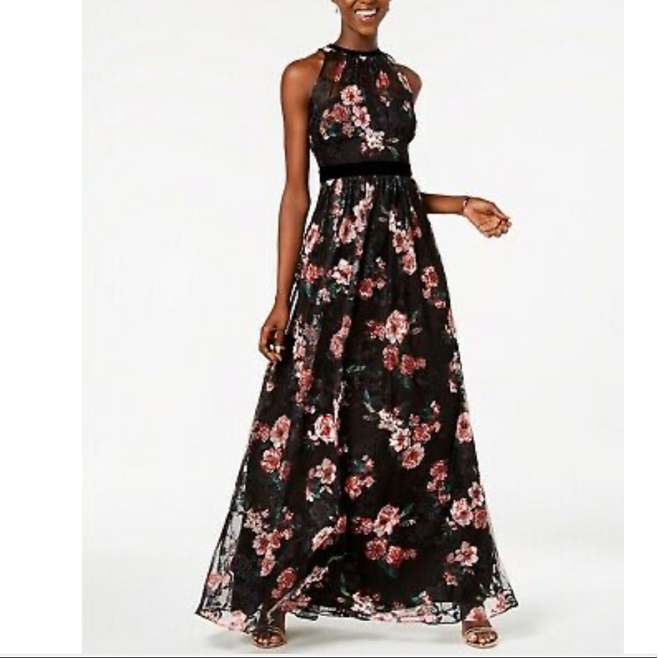 Adrianna Papell Maxi Lace Embroidered Black Dress